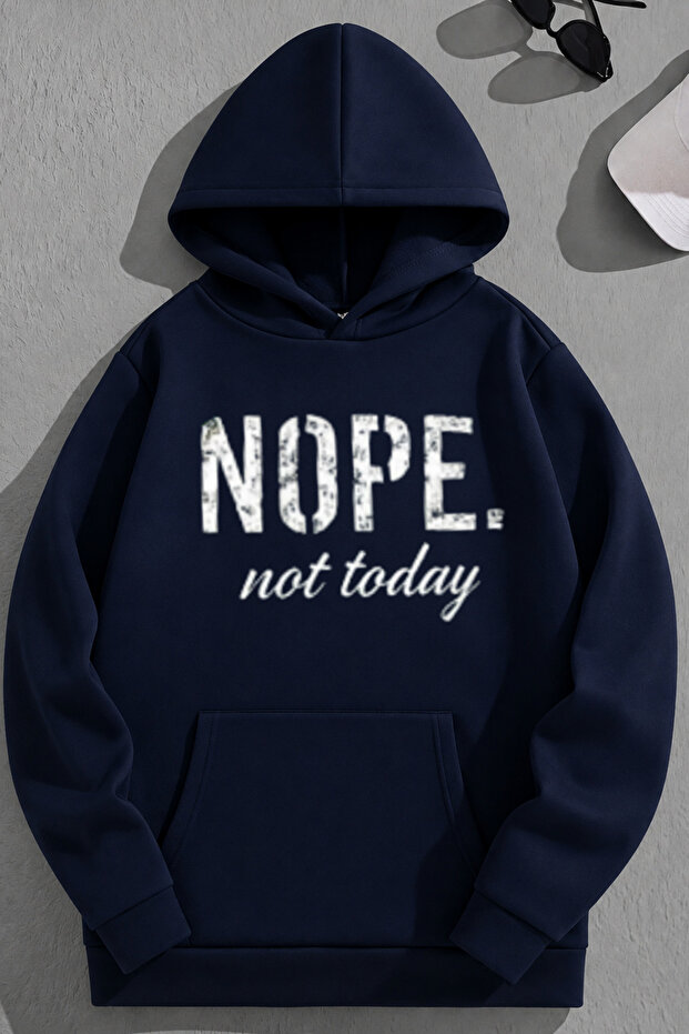 Unisex 3 Thread Cotton Navy Blue Nope Print Loose Fit Sweatshirt Hoodie