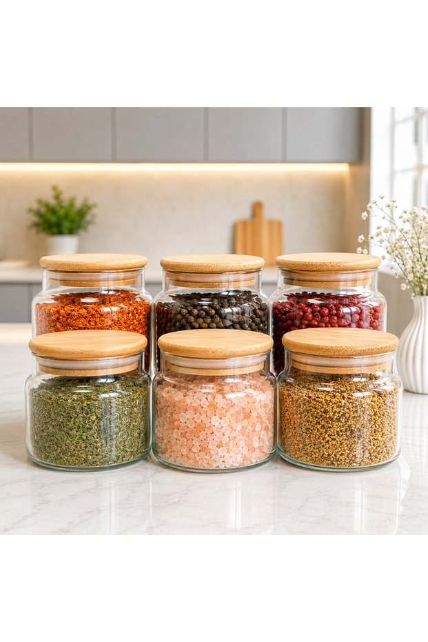Set of 6 Wooden Vacuum Lids 500 ml Spice Storage Jars with Label Gift