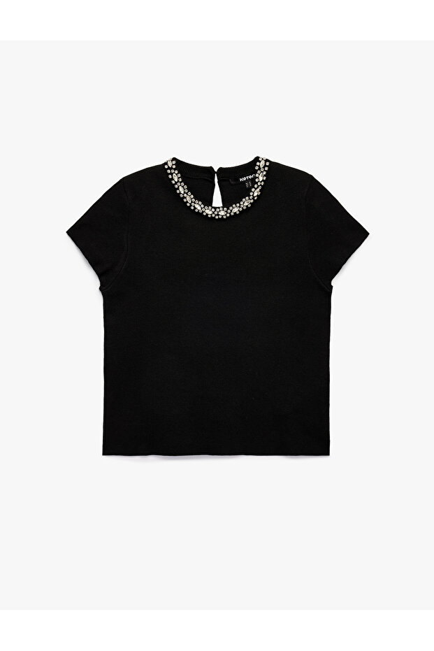 Crew Neck Short Sleeve Stone Detailed Knit Sweater