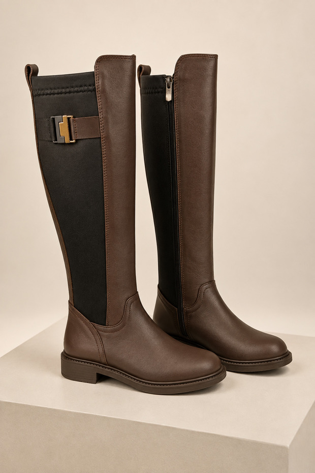 Women's Genuine Leather Riding Boots with Buckle Detail