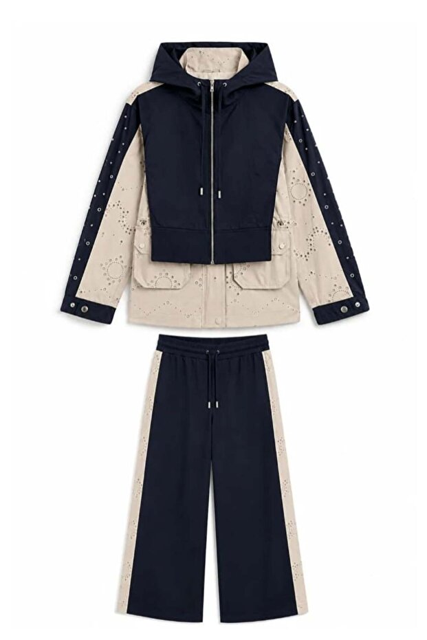 Embroidered Hooded Pants Set - Navy Blue