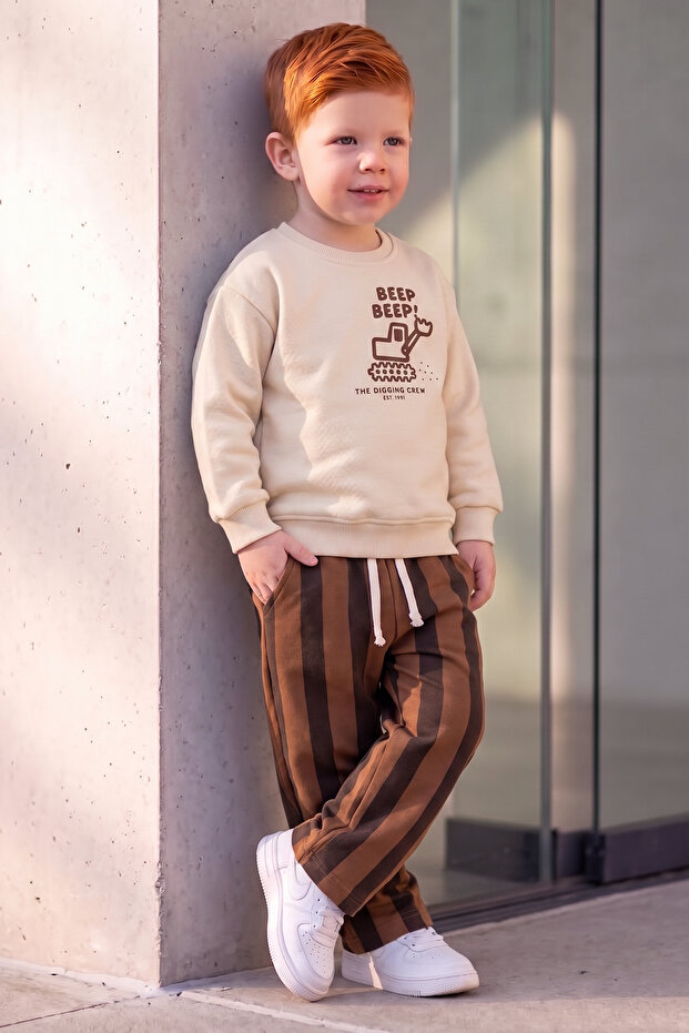 Scoop Patterned Crew Neck Pocketed 100% Cotton Boys' Tracksuit Set