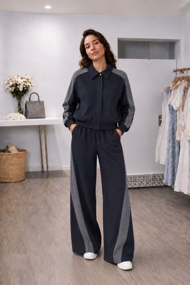 Navy Blue Gray Garnished Bomber Jacket and Trousers Set-M