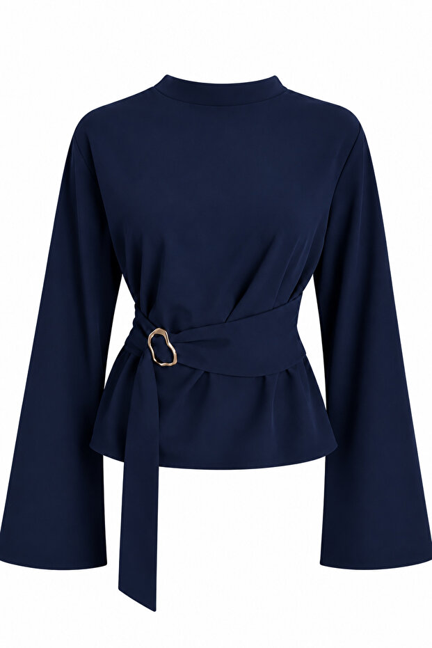 Half Turtleneck Draped Belt Buckle Wide Sleeve Navy Blue Blouse