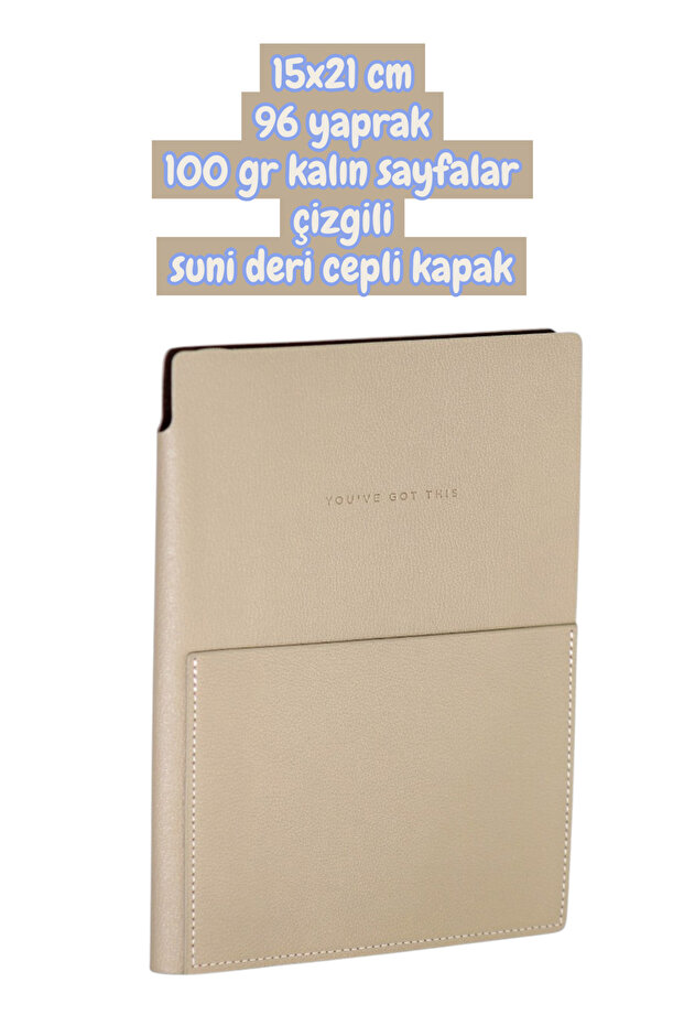 15x21 cm, 96 sheets, 100 gr thick lined pages, faux leather pocket cover notebook.