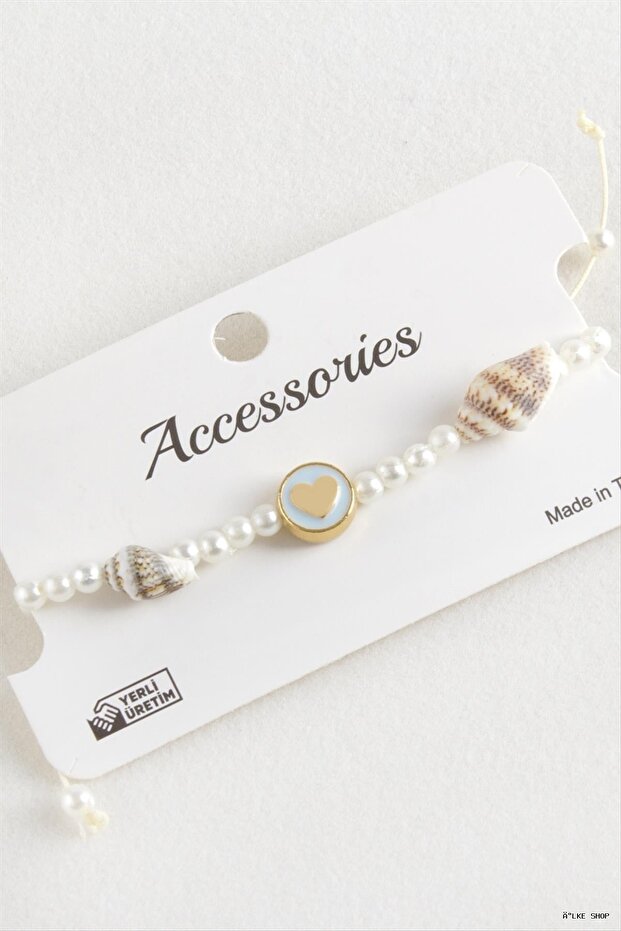 Ilkestor Heart Sea Shell Pearl Macrame Rope (202919) Bracelet Turquoise