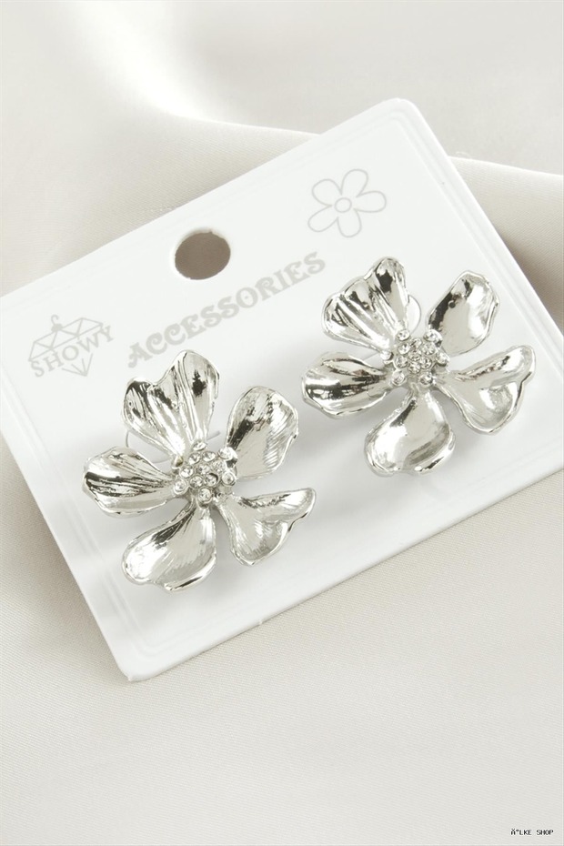 Ilkestor Metal Earrings with Flower Stones (202430) Silver Color