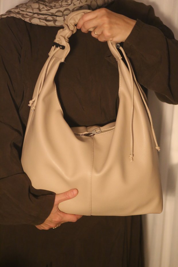 Women's Beige Shoulder Bag with Drawstring Detail and Zipper, Large Hobo Bag