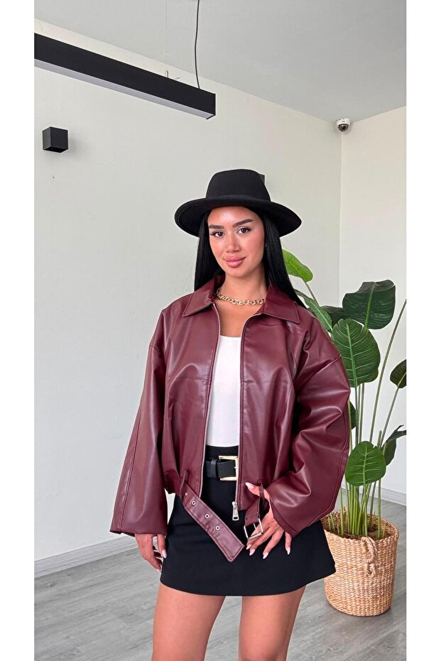 Women's Oversize Belted Zippered Premium Faux Leather Jacket