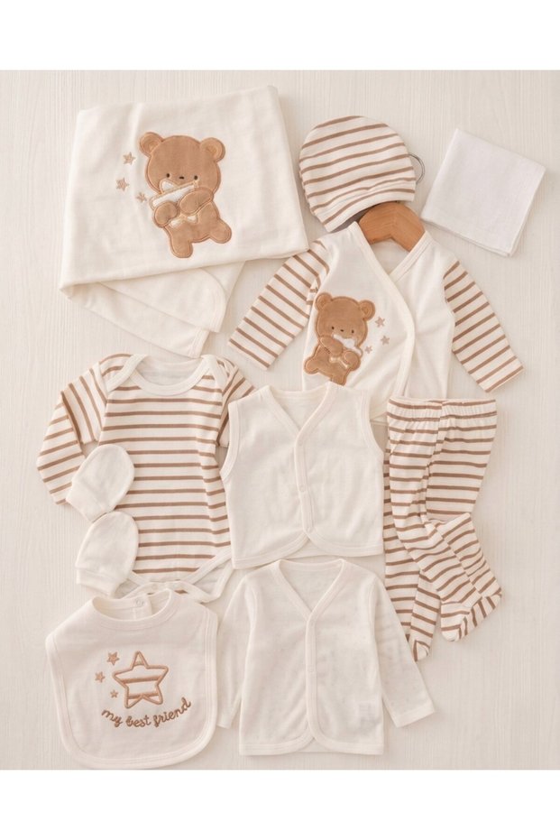 Teddy Bear Embroidered 100% Cotton Newborn Baby Hospital Discharge Set (10 Pieces)