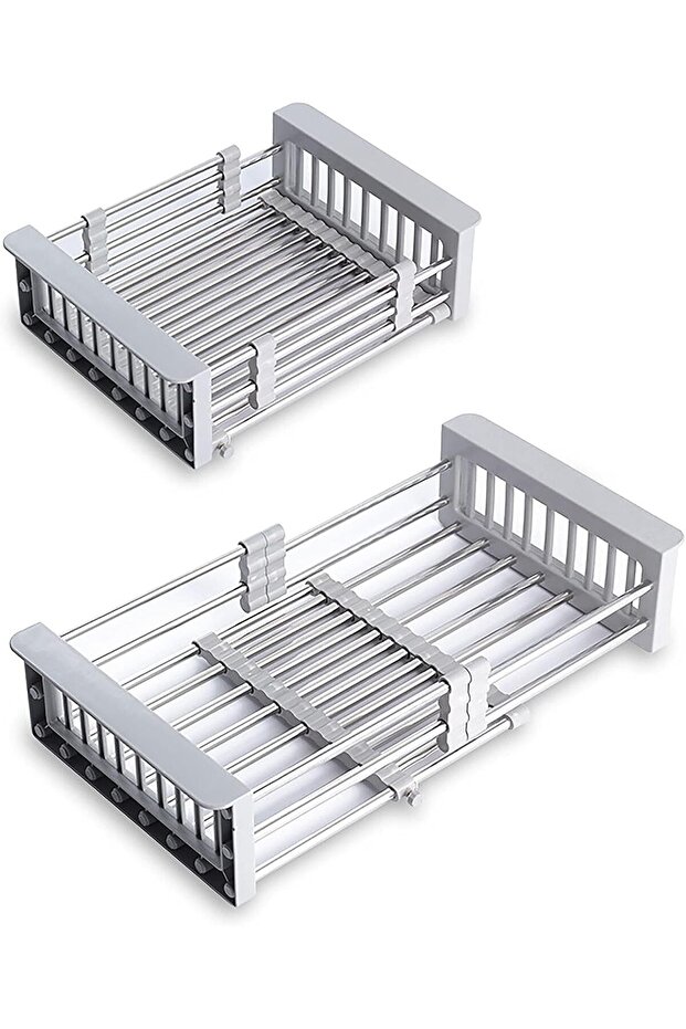 Expandable SS Dish Rack & Kitchen Sink Drain Basket Adjustable Over Sink Drying Rack