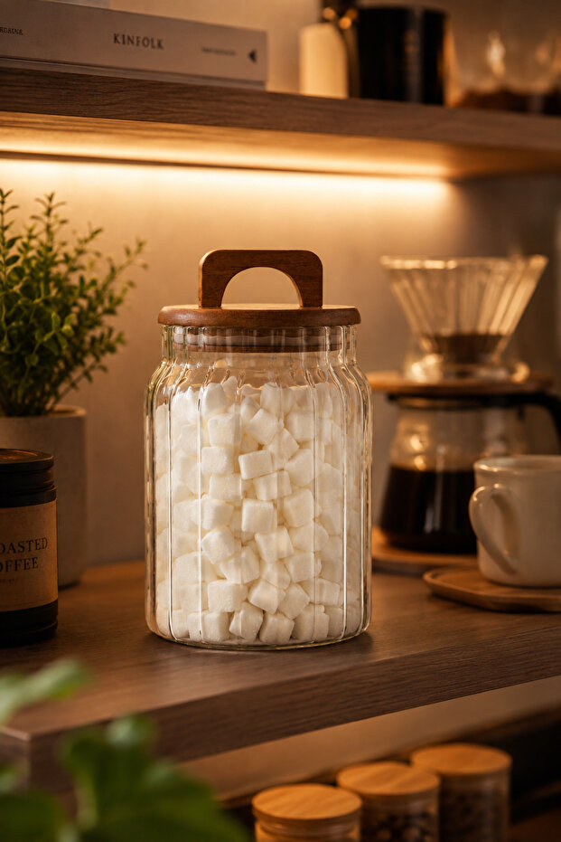 3000 ml Acacia Lid Striped Glass Jar – Large Size Kitchen Storage Jar with Wooden Handle