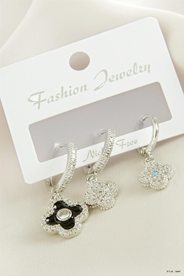 Ilkestor 3 Pieces Flower Zircon Stone Earrings (231351) Silver Color