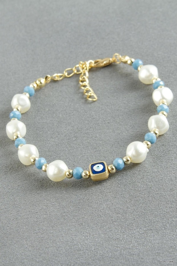 Ilkestor Nazar Rectangular Crystal Pearl Bracelet (225759) Blue