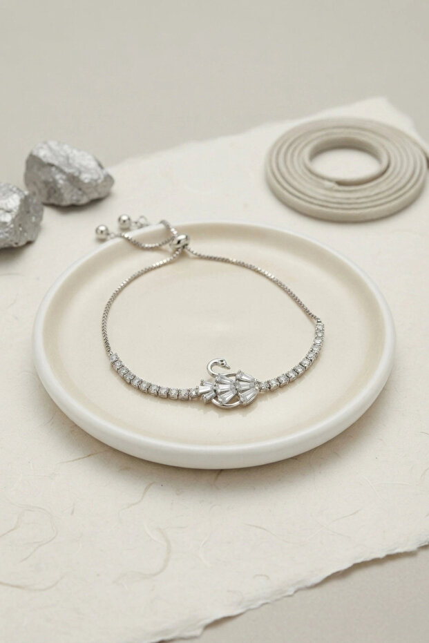 Silver Color Zircon Stone Brass Swan Model Elevator Bracelet