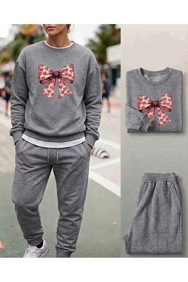 Women's Heart Bow Printed Crew Neck Tracksuit Set Oversize