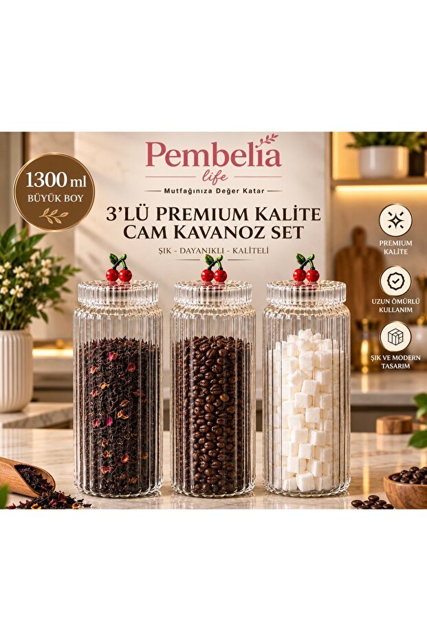Set of 3 Glass Storage Jars with Cherry Detail, Suitable for Coffee Corners, Tea, Sugar, Coffee Jar Set, 1300 Cc Beans Storage Container