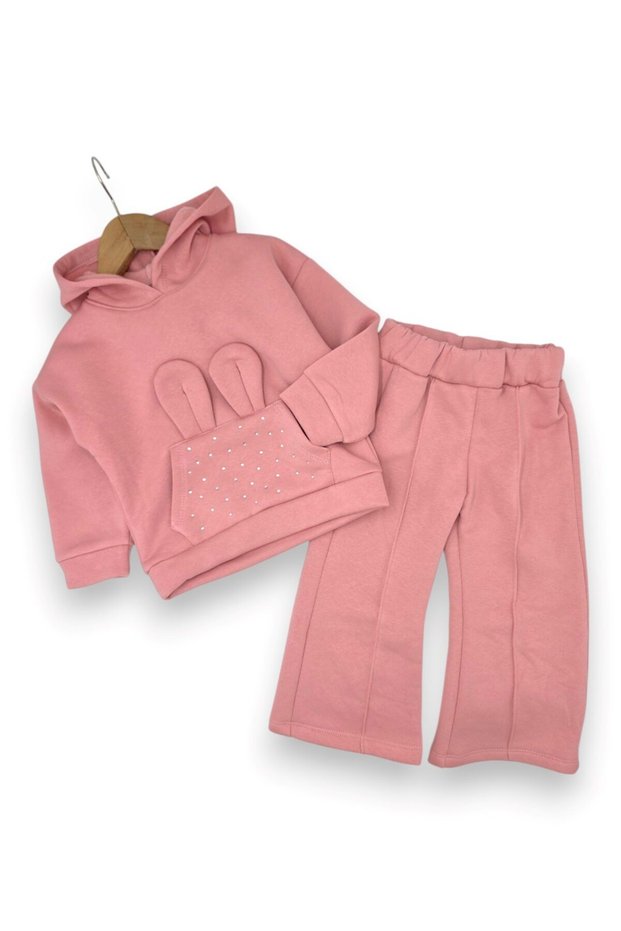Girl's Winter 3-Yarn Hooded Sweatshirt with Rhinestones and Sweatpants Set for Ages 2-3-4-5-6