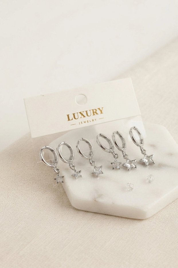 Star Zircon Stone Silver Color Brass Set Earrings