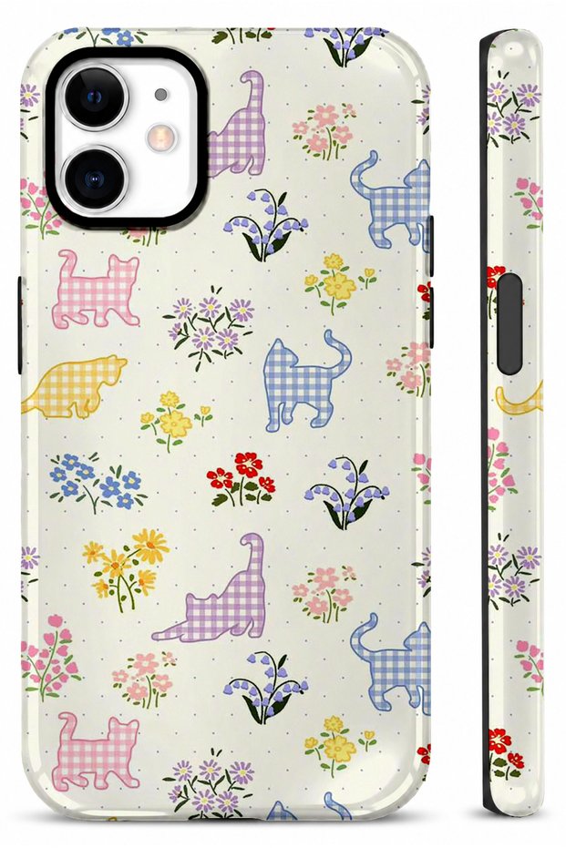 iPhone 11 Compatible - Plaid Cats Double Layer Cover, Shiny Surface Protective Glossy Touch Case