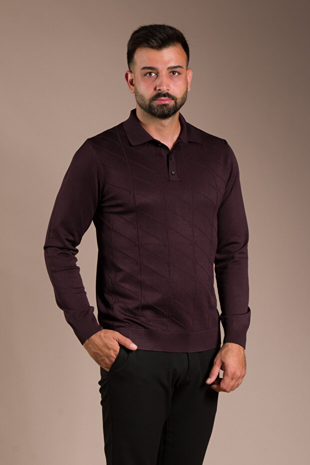 Men's Plum Patterned Polo Neck Tricot