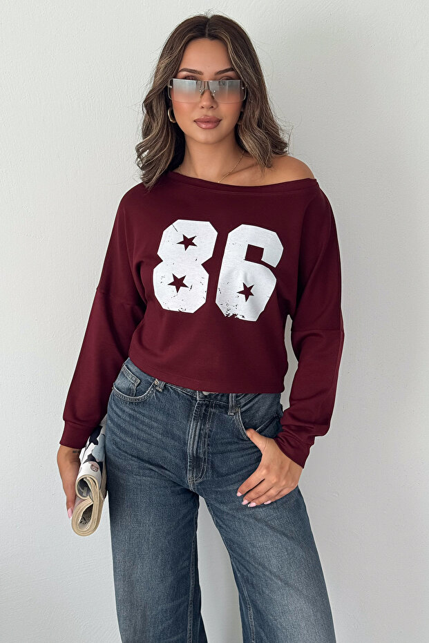 Women's 86 Printed Boat Neck Long Sleeve Crop Blouse