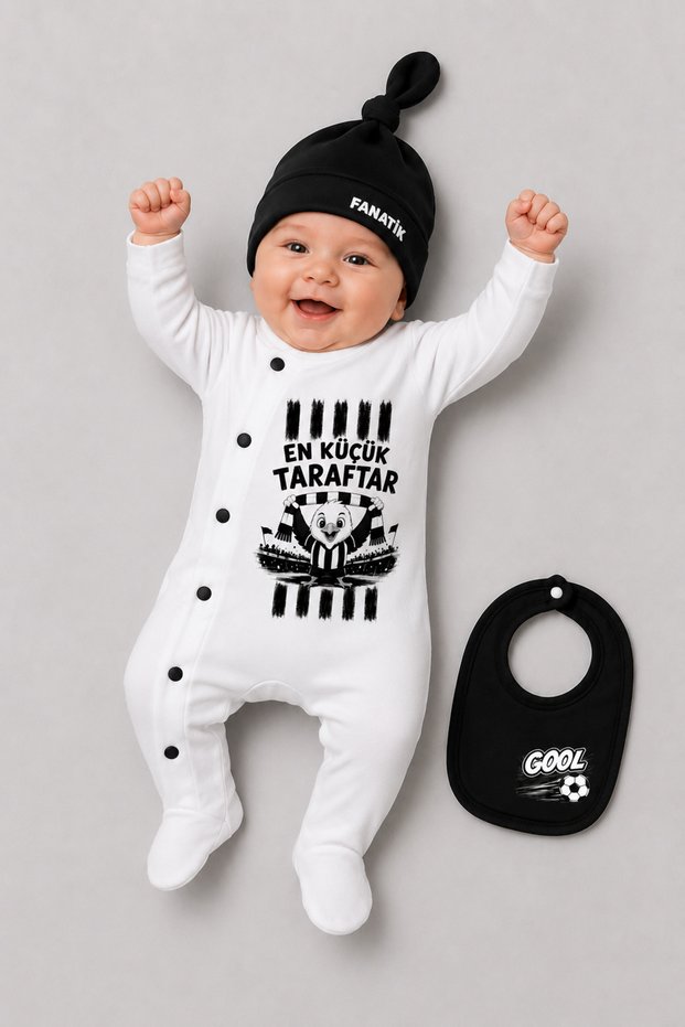 Black and White Little Fan 3-Piece Baby Romper Set Football Themed Newborn Romper Set with Hat and Bib