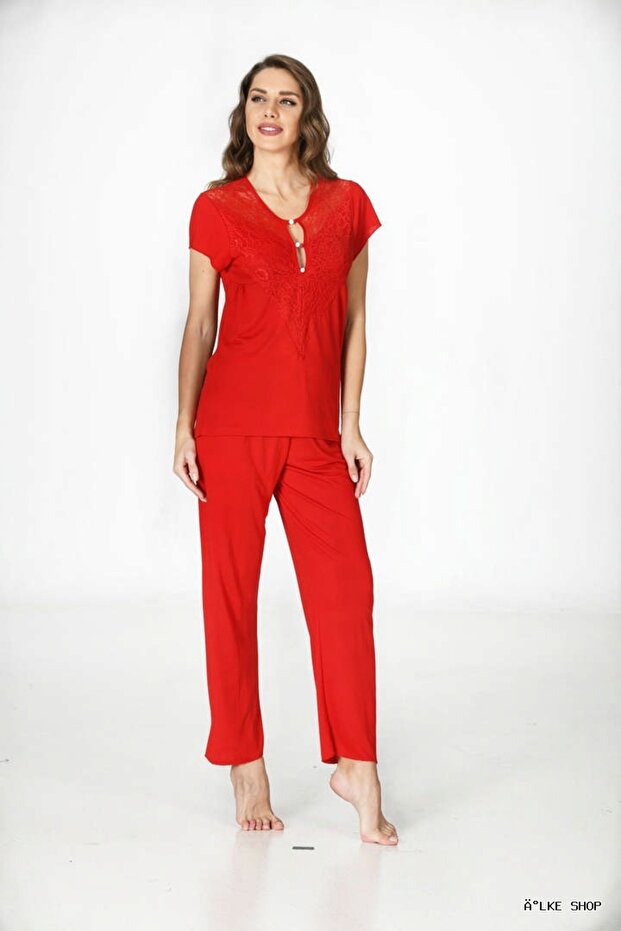 Ilkestor Red Combed Cotton Pajama Set - 1551 - (01653) Size XL