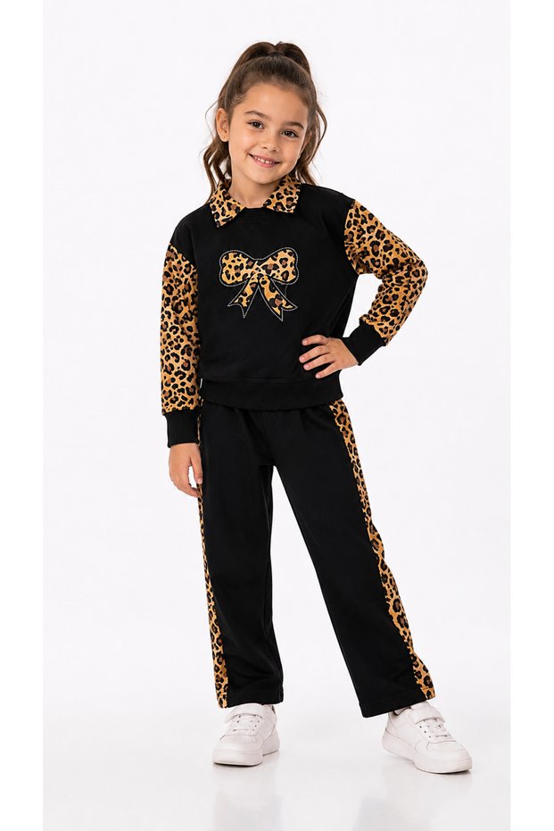 Girl's Leopard Patterned Bow Detailed Black 2-Piece Set 4-11 Years Old