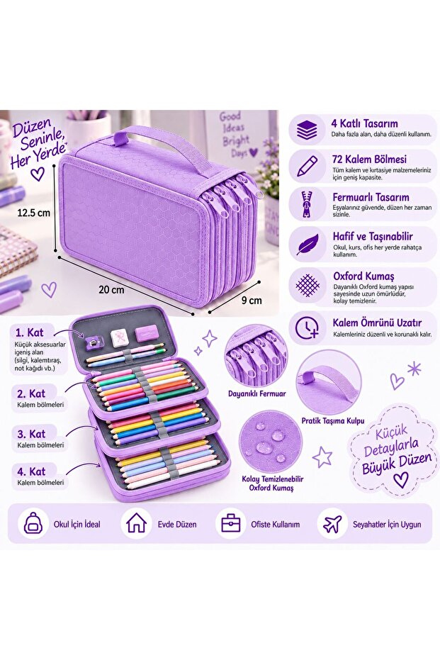 72-Hole Multi-Compartment Large Capacity Easy Practical Portable Erasable Black Pink Purple Oxford Cloth 4-Layer Painter's Pencil Holder Pencil Case Bag