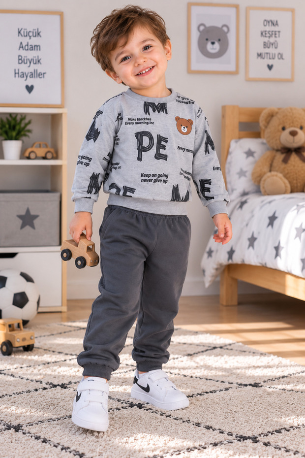Boys' Tracksuit Set Gray Printed Sweatshirt and Jogger Pants 2-Piece Set