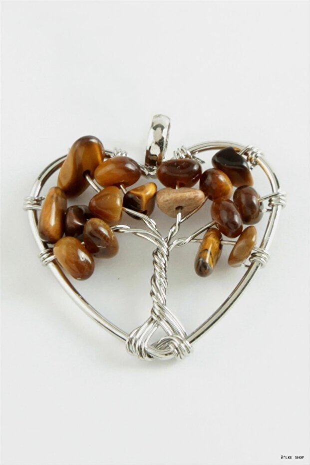 Ilkestor Tiger's Eye Heart Natural Stone Necklace (10646) Brown Tip