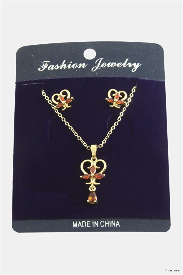 Ilkestor Heart Zircon Stone Set (21630) Necklace Red