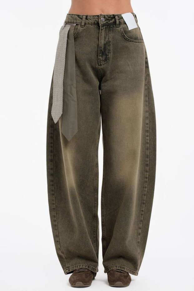 Women's Water Washed Balloon Fit Design Jeans with Detachable Tie Detail