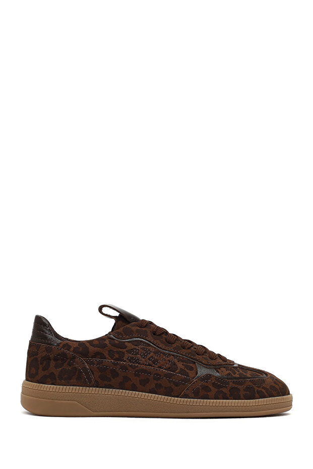 Women's Brown Lace-Up Leopard Patterned Suede Leather Sneaker Af400002Ds