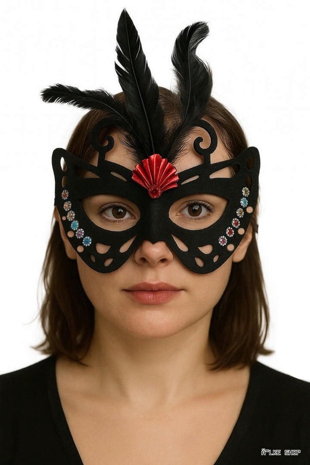 Ilkestor Black Color Black Suede Coated Feathered Figure Party Mask (25255) 24X18 cm