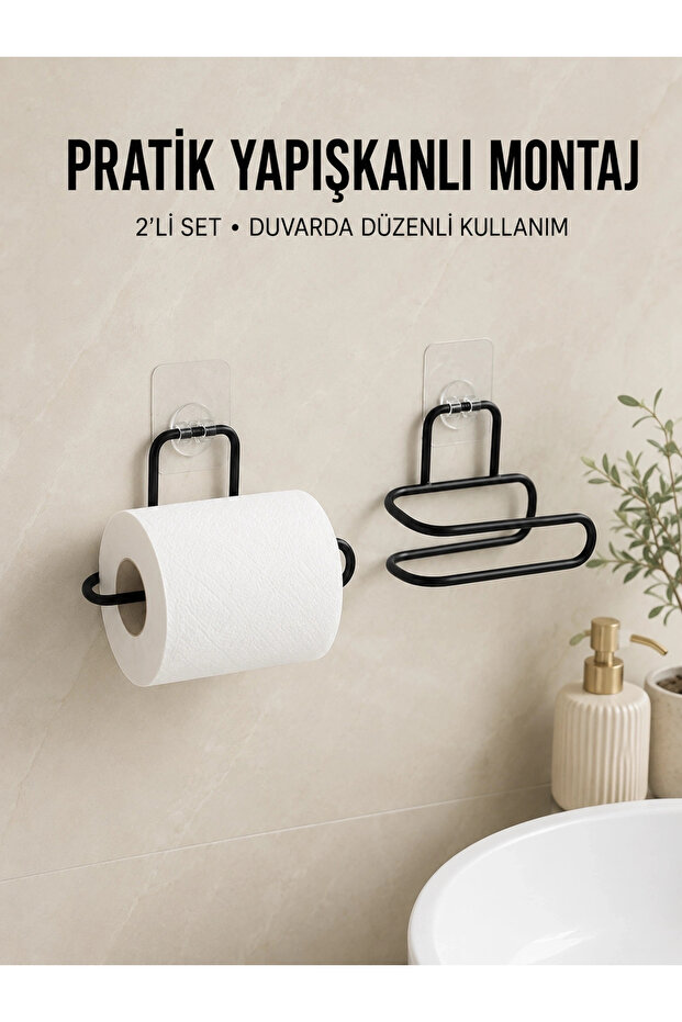 2 Pieces Adhesive Wc Paper Holder Black Metal Practical Wall Mounted Roll Holder