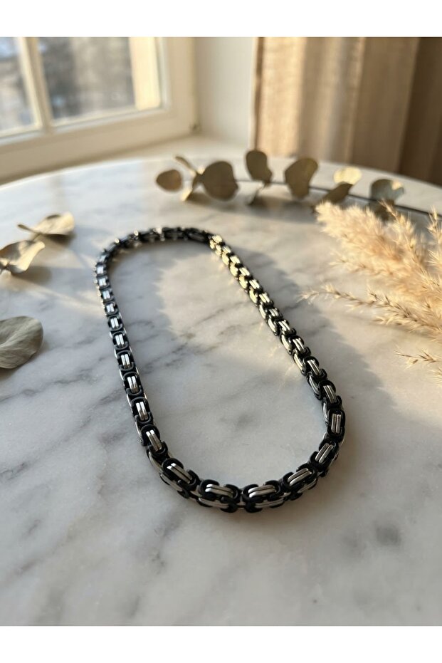 King Mesh Black-Silver Two-Tone Steel Necklace - Thick Chain Model / Tarnish-Resistant Steel