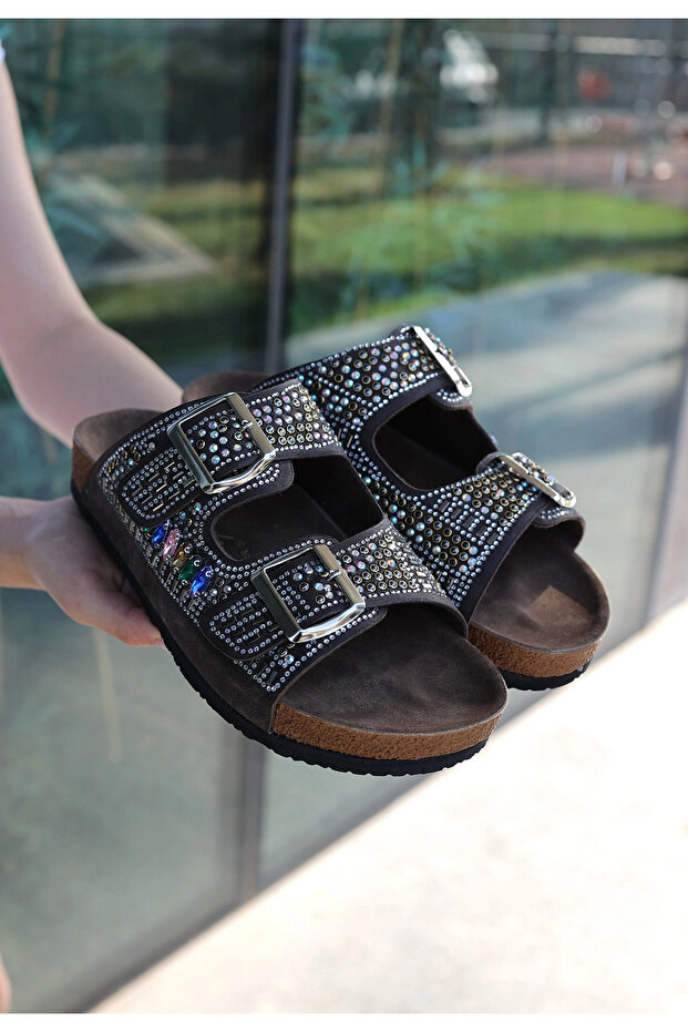 Edaj Brown Nubuck Beaded Slippers