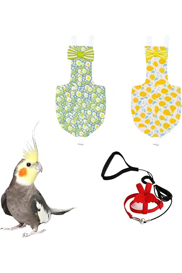 Bird Diaper with 78 Inch Flying Leash - 2 Pack, Reusable Flight Suit with Waterproof Inner Layer, Wa