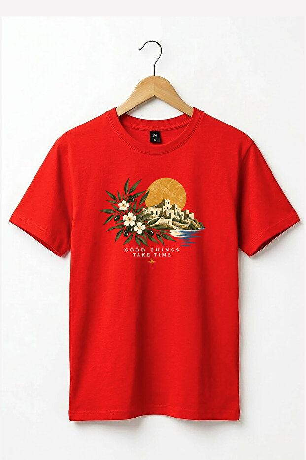 Unisex Vintage Mediterranean Aegean Themed Good Things Take Time Written Olive Branch Printed 100% Cotton Crew Neck Basic T-Shirt