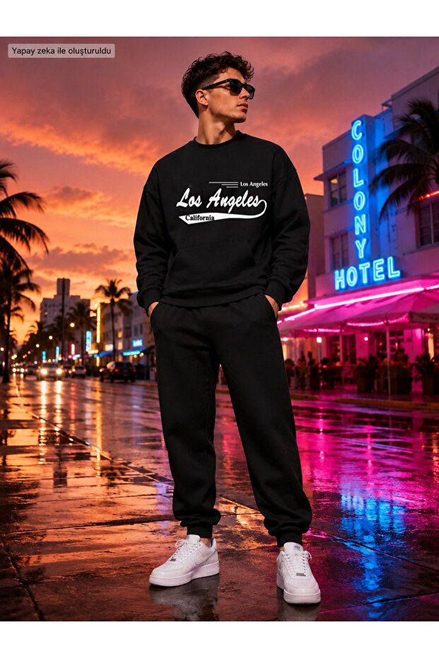 Losangeles Printed Crew Neck 2-Thread Raster Fabric Tracksuit Set