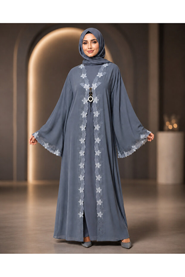 Grey Floral Lace Butterfly-Sleeve Abaya
