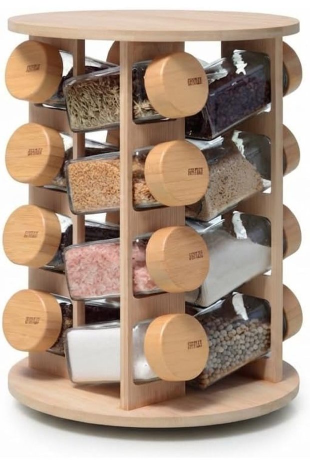 Premium 20-Jar Rotating Spice Rack Organizer, Revolving Bamboo Countertop Stand with 360-Degree Multi-Tier Storage, Airtight Glass Jars for Herbs, Spices and Seasonings