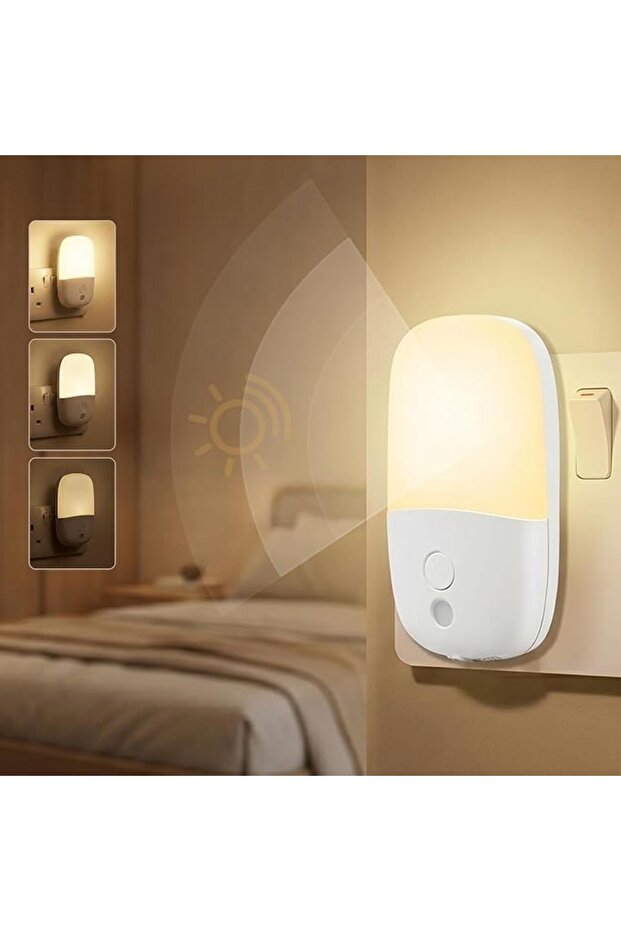 ضوء ليلي LED يعمل بالكهرباء، مع مستشعر من الغسق حتى الفجر، ثلاث مستويات سطوع قابلة للتعديل، إضاءة ناعمة بلون أصفر دافئ