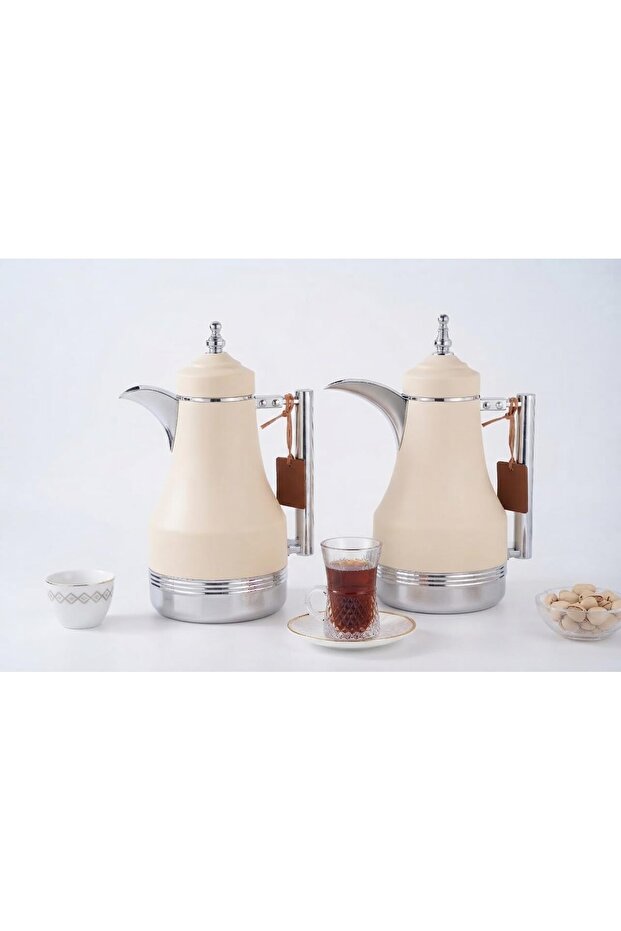 Insulated Thermal Flask Set 1L, Stainless Steel Vacuum Carafe with Cream Matte Finish, Double-Wall Coffee and Tea Jug for Hot & Cold Beverages, Beverage Server for Home Office Kitchen
