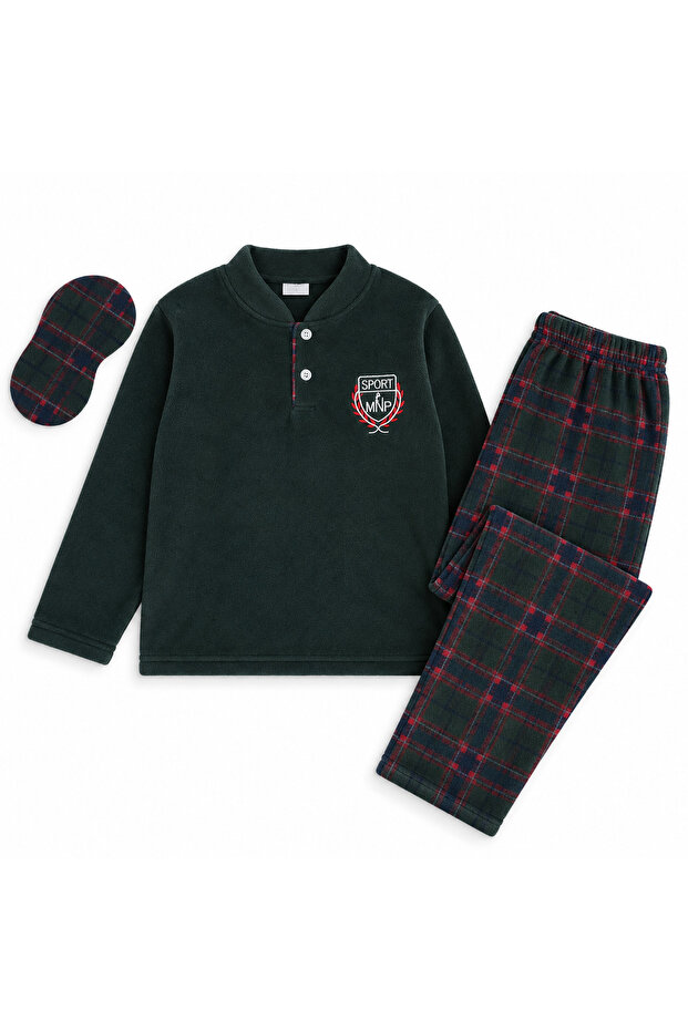 Boy's Cotton Fleece Winter Long-Sleeved Button-Down Collar Pajama Set