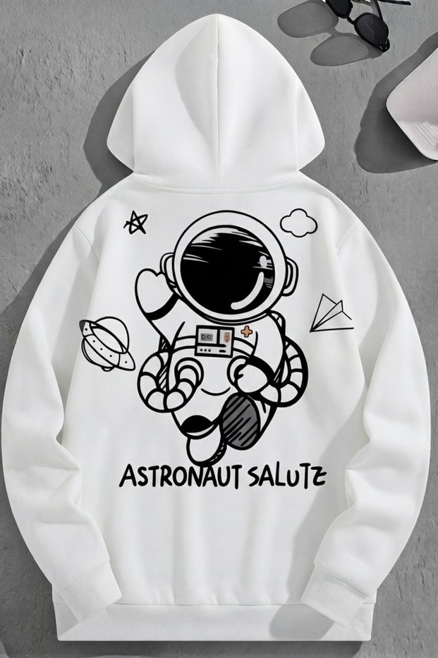Unisex 3 Thread Cotton White Astranoutsalutz Print Loose Fit Sweatshirt Hoodie