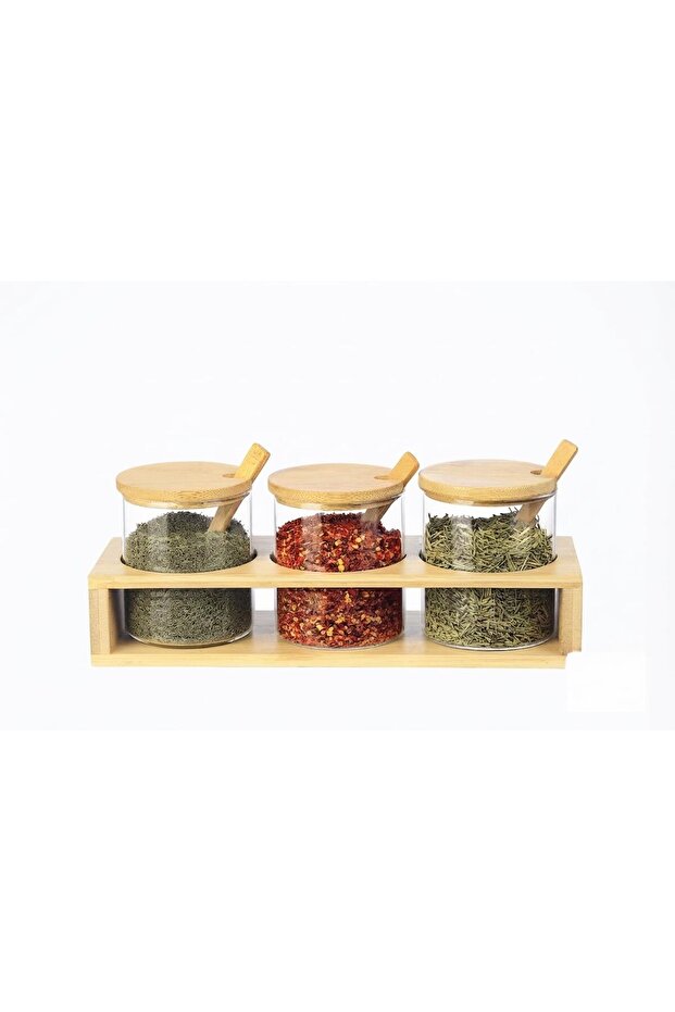 Premium Bamboo Spice Jar Set, 3 Glass Condiment Pots with Airtight Lids and Spoons, Countertop Herb and Spice Organizer for Kitchen, Natural Bamboo Storage Holder with 3 Jars
