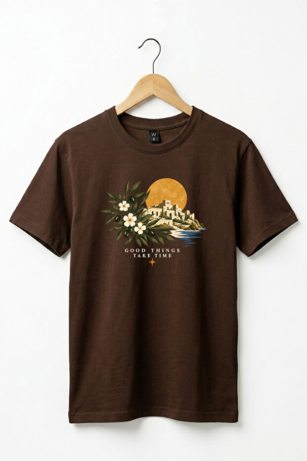 Unisex Vintage Mediterranean Aegean Themed Good Things Take Time Written Olive Branch Printed 100% Cotton Crew Neck Basic T-Shirt